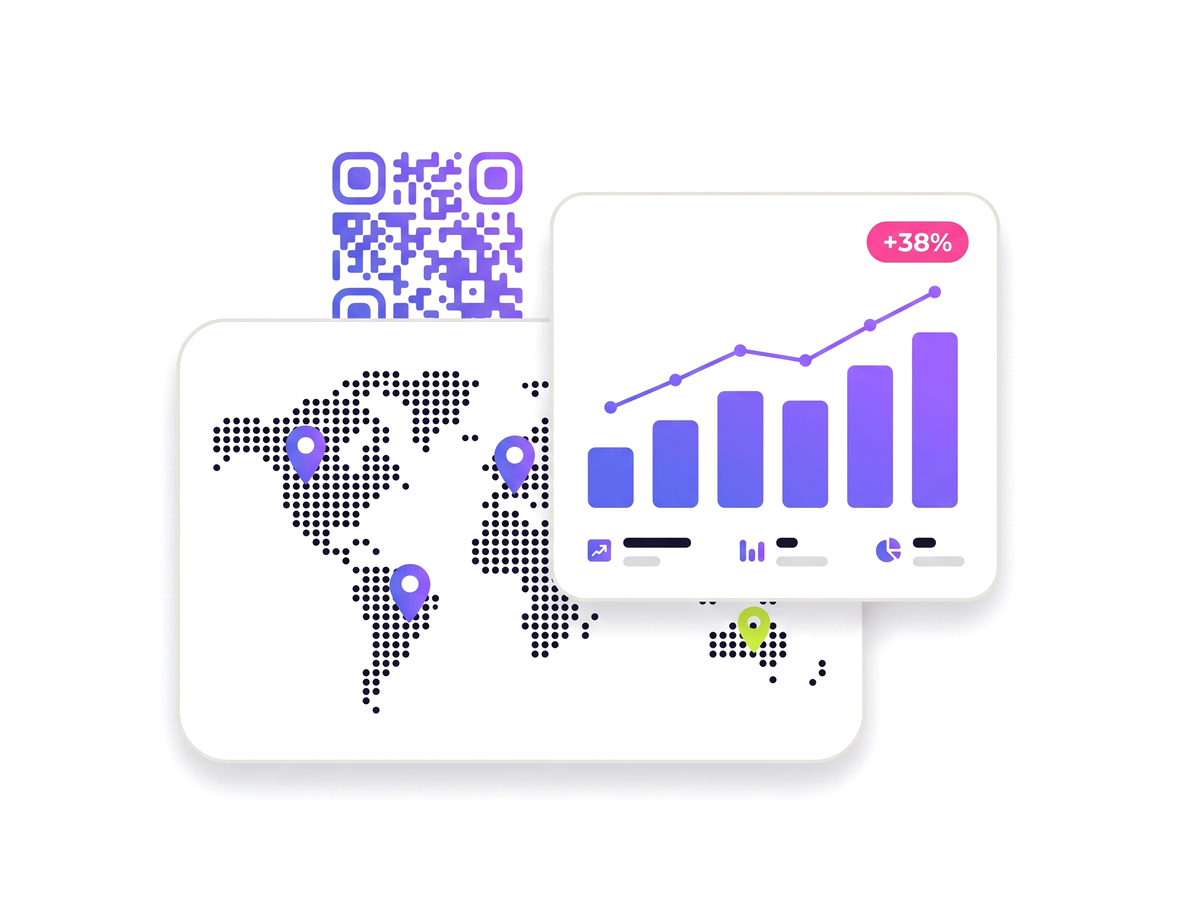A scan analytics dashboard: a rising bar chart next to a world map dotted with scan locations.