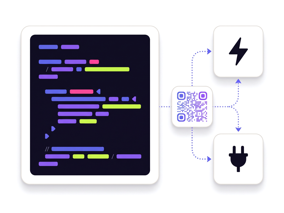 A code panel wired through a QR code to two service tiles, for the REST API and webhooks.